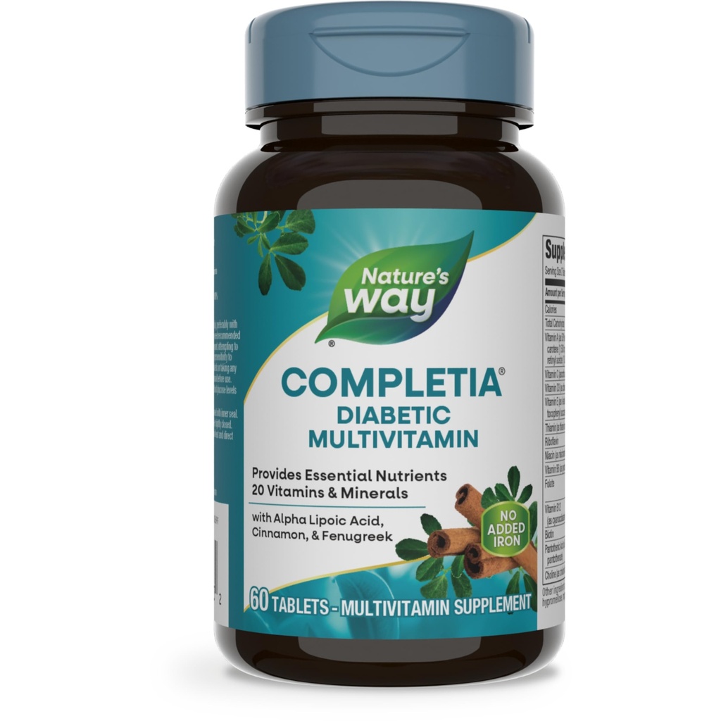 Nature 's Way Completia Diabetic Multivitamin, Giver essentielle næringsstoffer, med Alpha Lipoic Acid, Kanel, Fenugreek, Taurine, Lutein, High Potency B- Vitaminer, 60 tabletter (Packaging May Vary)