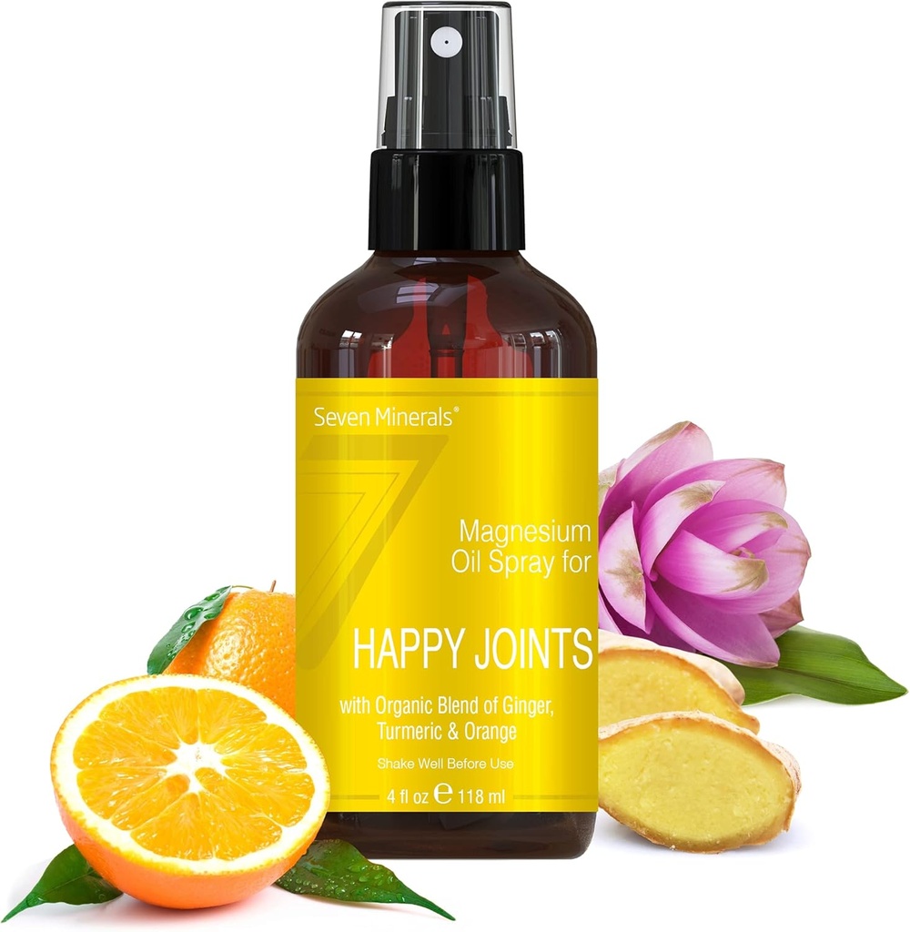Seven Minerals, Magnesium Happy Joints Spray - Powerful USA Made Magnesium Oil Blend with Essential Oils (Turmeric, Ginger and Orange) - Free Ebook Included (4 fl oz)