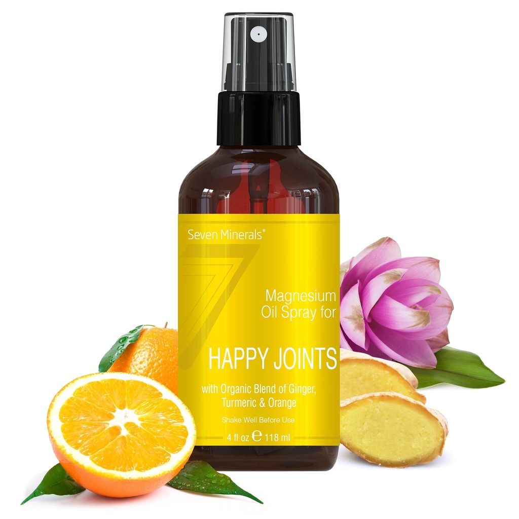 Syv Mineraler, Magnesium Happy Joins Spray - Kraftfuld USA Made Magnesium Oil Blend med essentielle olier (gurkemeje, Ginger og Orange) - Gratis Ebook inkluderet (4 fl oz)