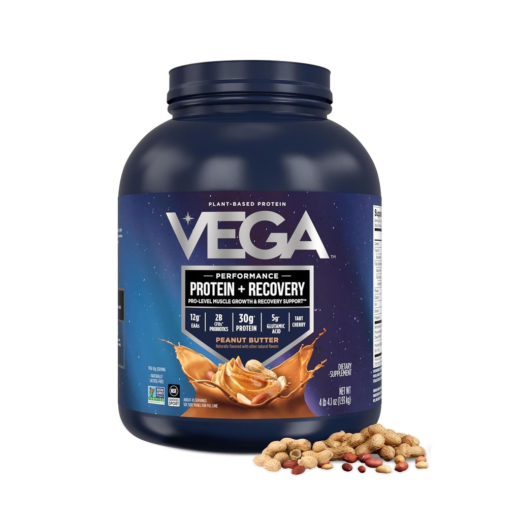 Vega Sport Vegan Protein Powder + Recovery - 30g Plant Based Protein per Serving, Peanut Butter, 45 Servering, 5g BCAA, Probiotika, NSF Certified, for Shakes & Smoothies, 4.2lbs (Packaging May Vary)