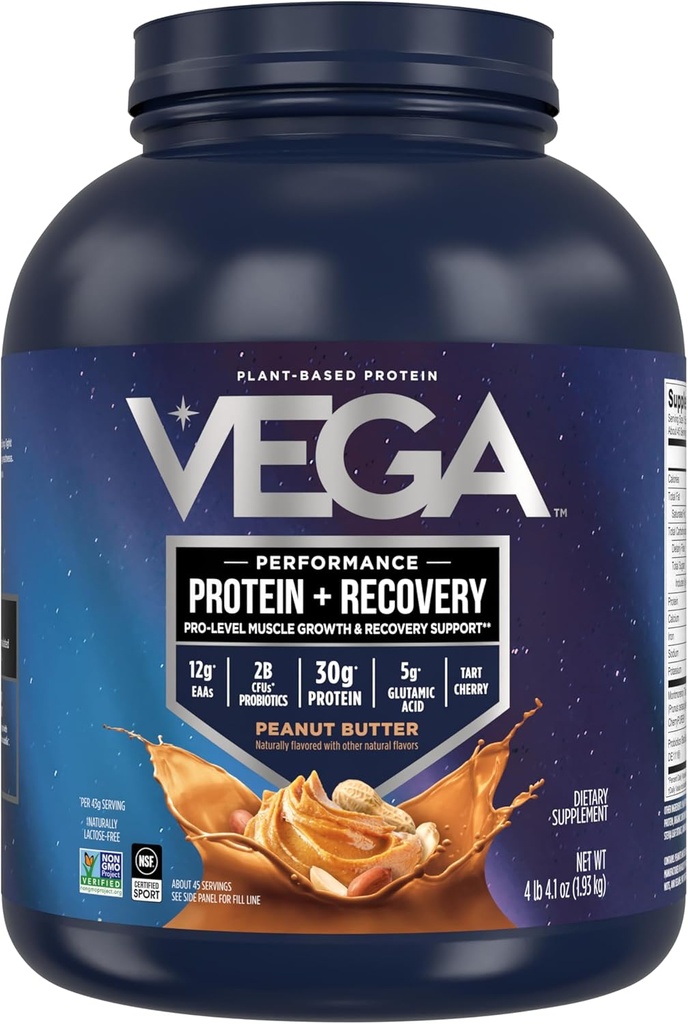 Vega Sport Vegan Protein Powder + Recovery - 30g Plant Based Protein per Serving, Peanut Butter, 45 Servering, 5g BCAA, Probiotika, NSF Certified, for Shakes & Smoothies, 4.2lbs (Packaging May Vary)