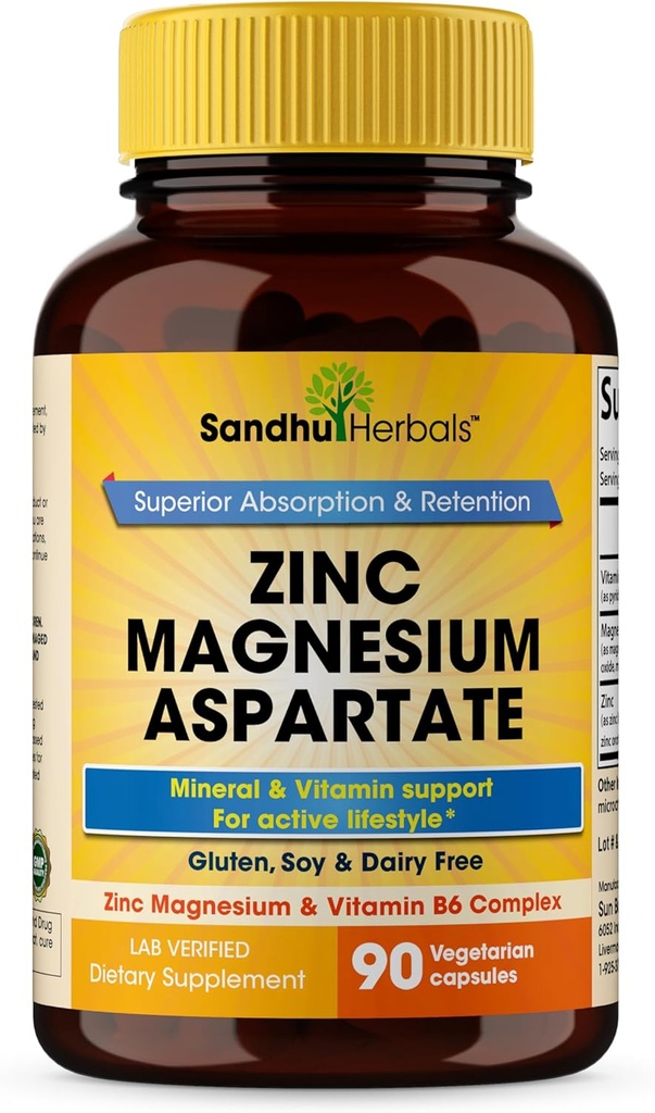 SANDHUHERBALS Zink Magnesium Aspartat Supplement 90 Kapsler er 124; med vitamin B6 & Zink124; Høj Absorption, søvn og immunforsvar er 124; til mænd og kvinder