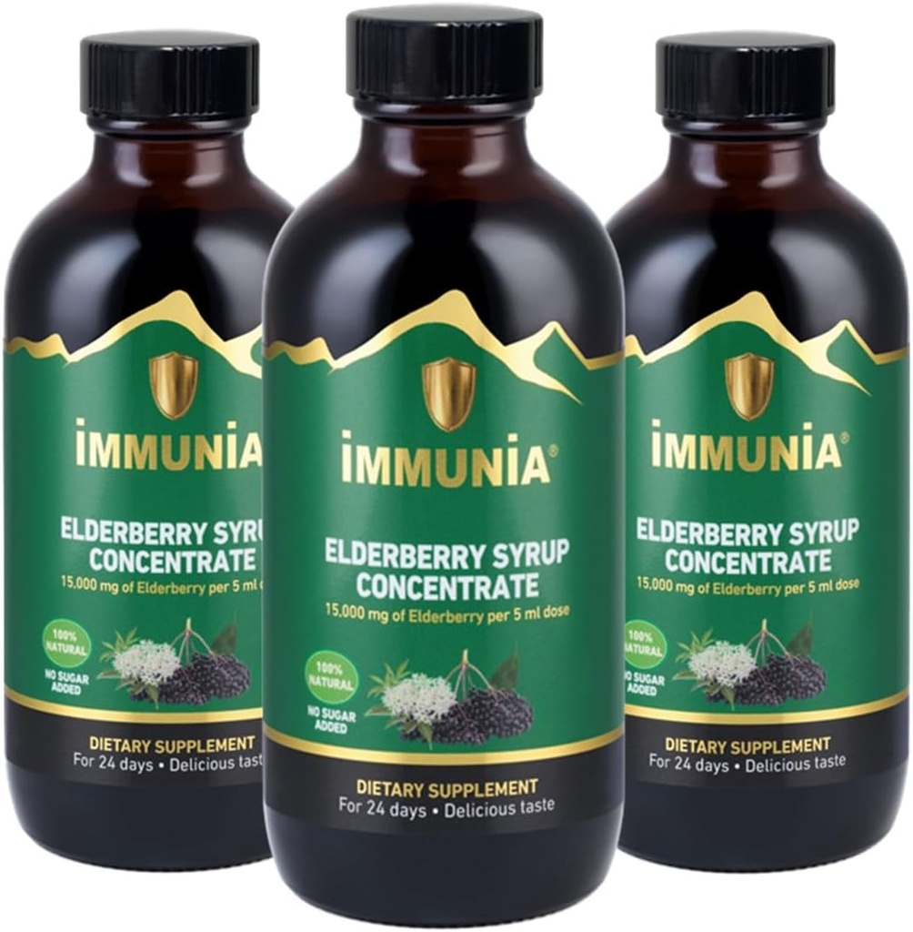 Immunia Elderberry Syrup hjælper med at styrke immunsystemet. Elderberry Koncentrat med Elderflower, Timian og Pebermynte. Ingen sukker tilsat. Lækker smag. 24 dage / flaske. (3 - Pack)