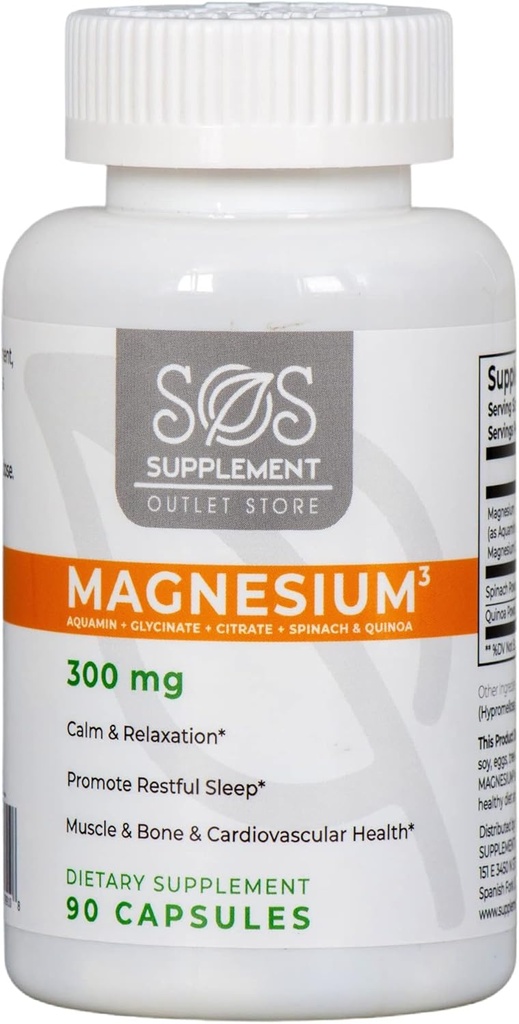 SOS Magnesium Complex - 300mg kapsler af Magnesium Glycinat, Aquamin Magnesium & Magnesium Citrate for Muscle Relaxation, and Sleep, High Absorption, Vegan, Non- GMO 45 Serveringer