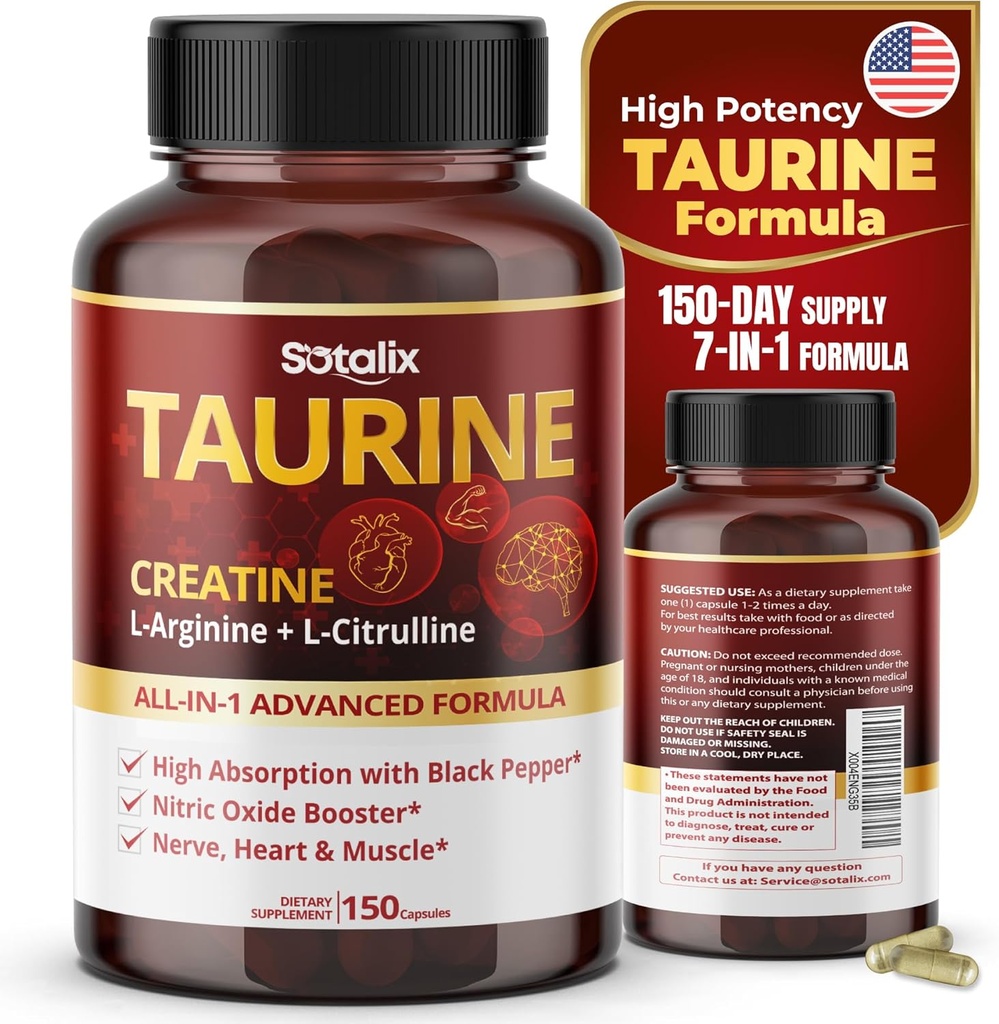Taurine with Creatine, L-Arginine, L-Citrulline High Absorption with Black Pepper Nitric Oxide Booster, Muscle USA Made & Tested (150 Count (Pack of 1))