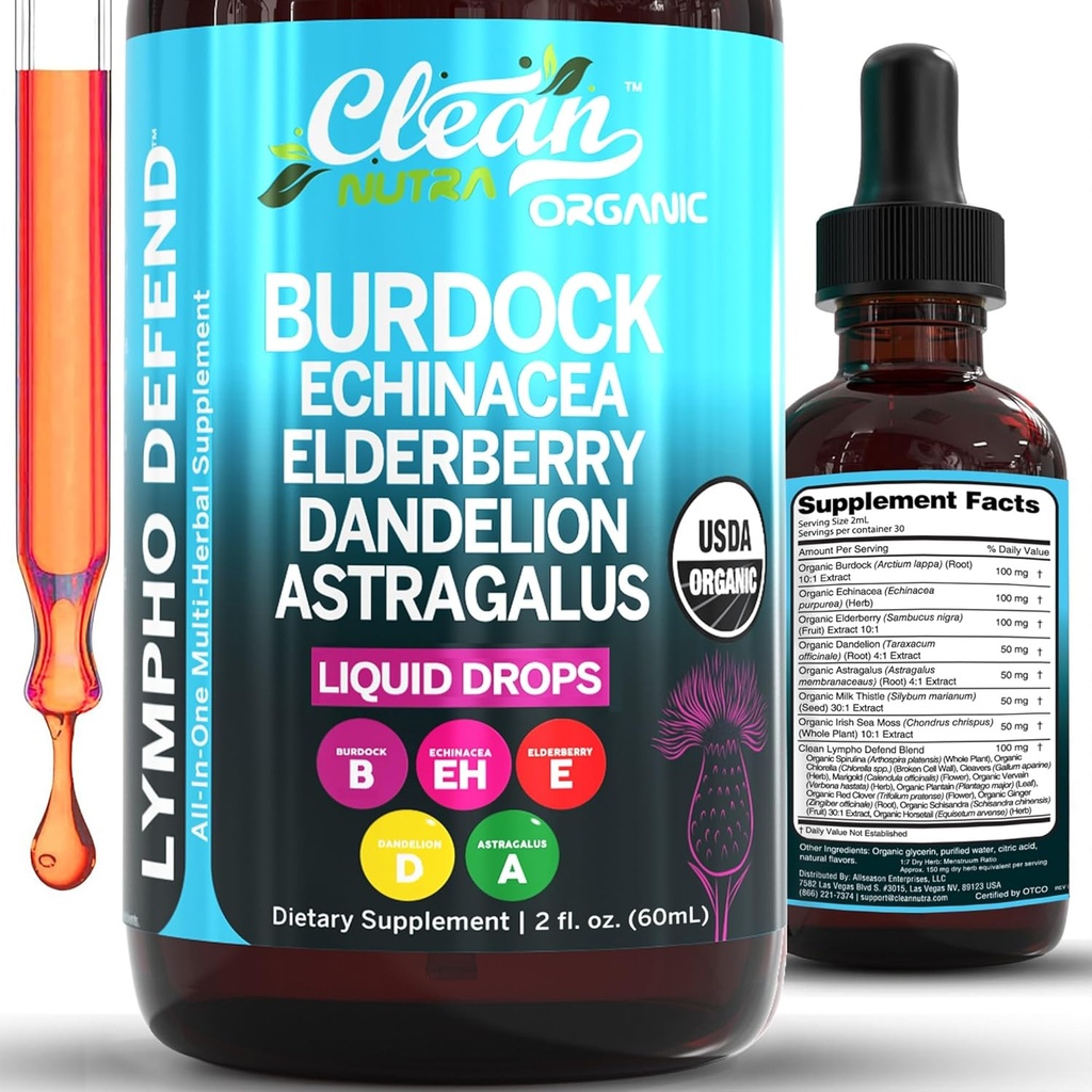 Organic Lympletic Drainage Supplement: 124; Lympletic Support Drops: 124; Burdock Root Echinacea Elderberry Dandeelion Astragalus Milk Thistle Sea Moss Red Clover Cleanse Marigold Drop by Clean Nutra