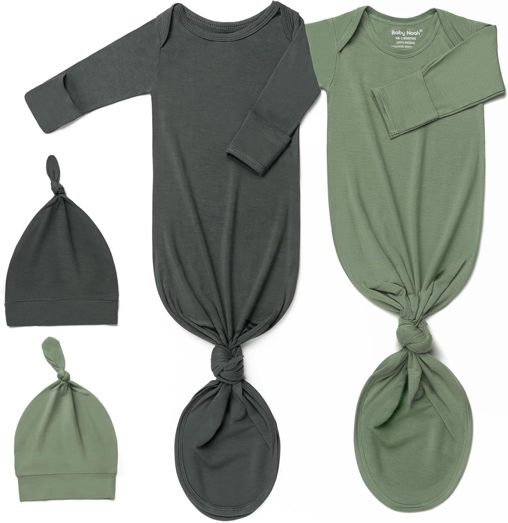 2Pack Knotted Gown Baby, Super Soft Long Sleeve Newborn Hospital Outfit Boy Girl Coming Home, Built-In Mittens Clothes