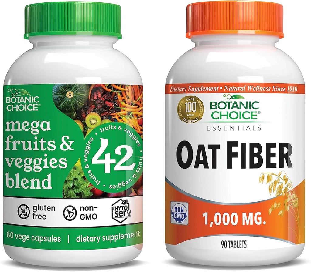 Botanic Choice Mega Fruits and Veggies Blend (60 kapsler) + Havre Fiber (90 tabletter) Bundle - Energy Balance & Superfood Supplement + fordøjelig sundhedsstøtte