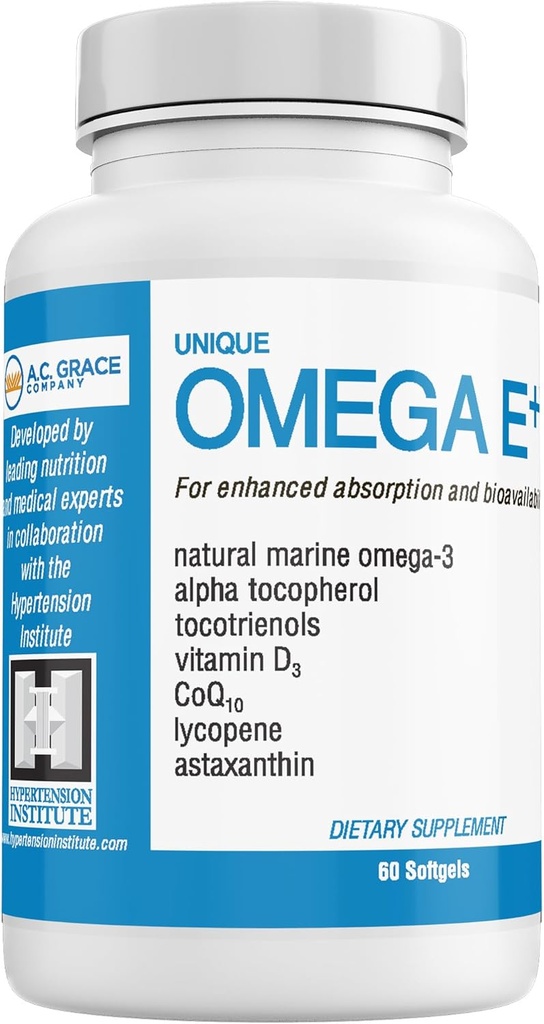 UNIQUE E A.C. Grace Company Omega E + - Fish Oil Supplement - med Marine Omega-3 Fedtsyrer, E-vitamin, D3-vitamin og CoQ10 - Hjælper støtte hjerte, hjerne og hud sundhed - 60 Softgels