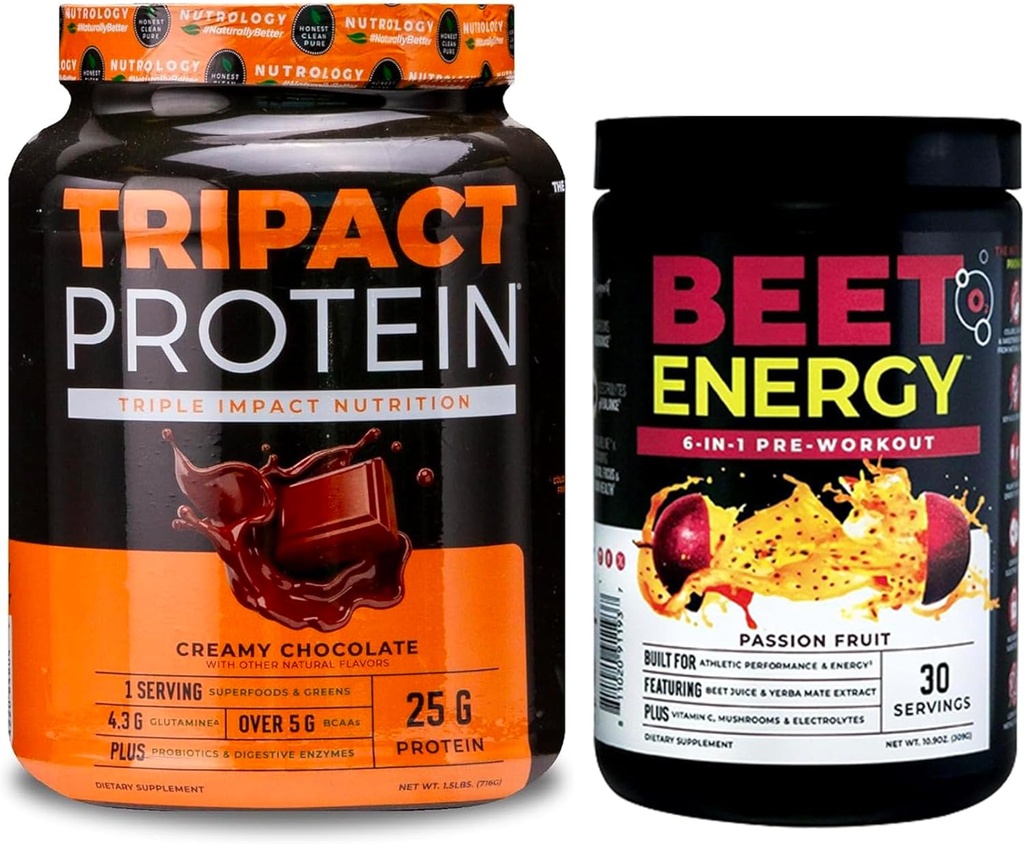 Nutrologi Beet Natural O2, Pre Workout Powder, Passion Fruit Flavor (30 Servere) TRIPACT Protein Powder, 7- in-1 Meal Erstatning Shake, Cremet Chokolade Flavor (20 Servere)