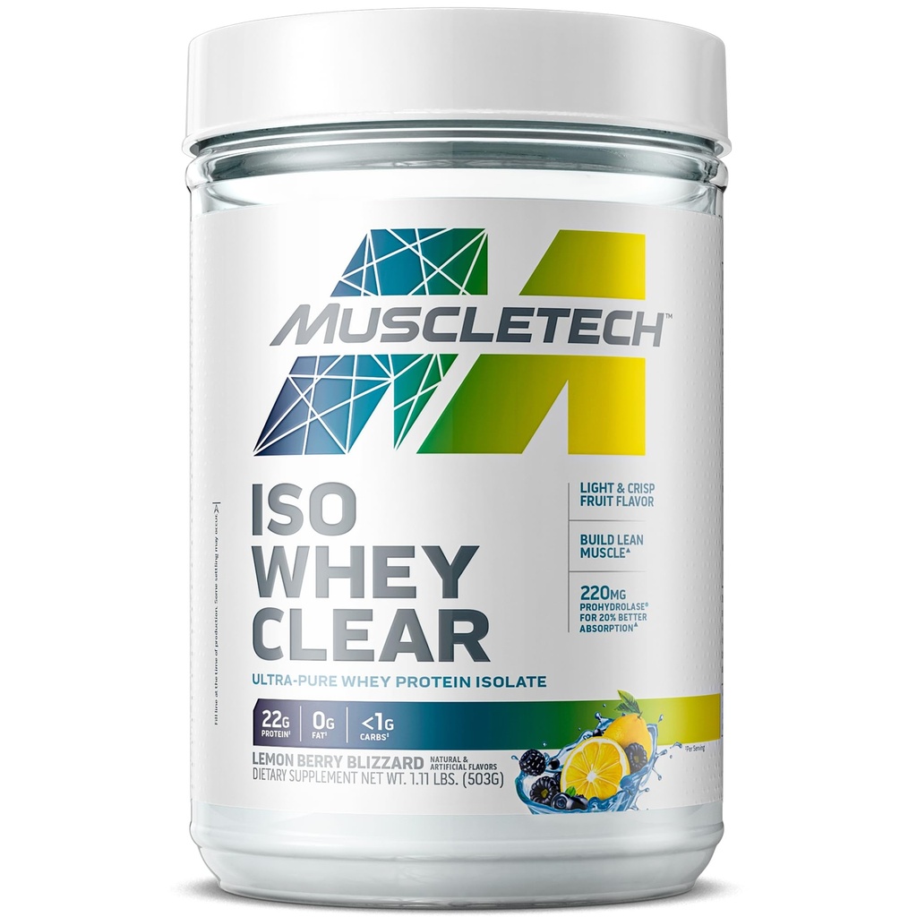 MuscleTech Whey Protein Powder Clear Whey Protein Isolate Whey Isolate Protein Powder for Women & Men Clear Protein Drink 22g Protein, 90 Kalorier Lemon Berry Blizzard, 1.1lb (19 Servere)