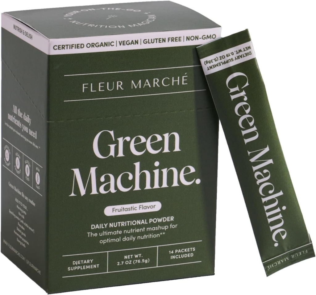 Fleur Marche Green Machine Super Green Powder Packets - Organic Green, Fruit & Probiotics - Superfood til fordøjelse, energi, Microbiome Support & Detox - On- The- go Green Juice - 14 Packets