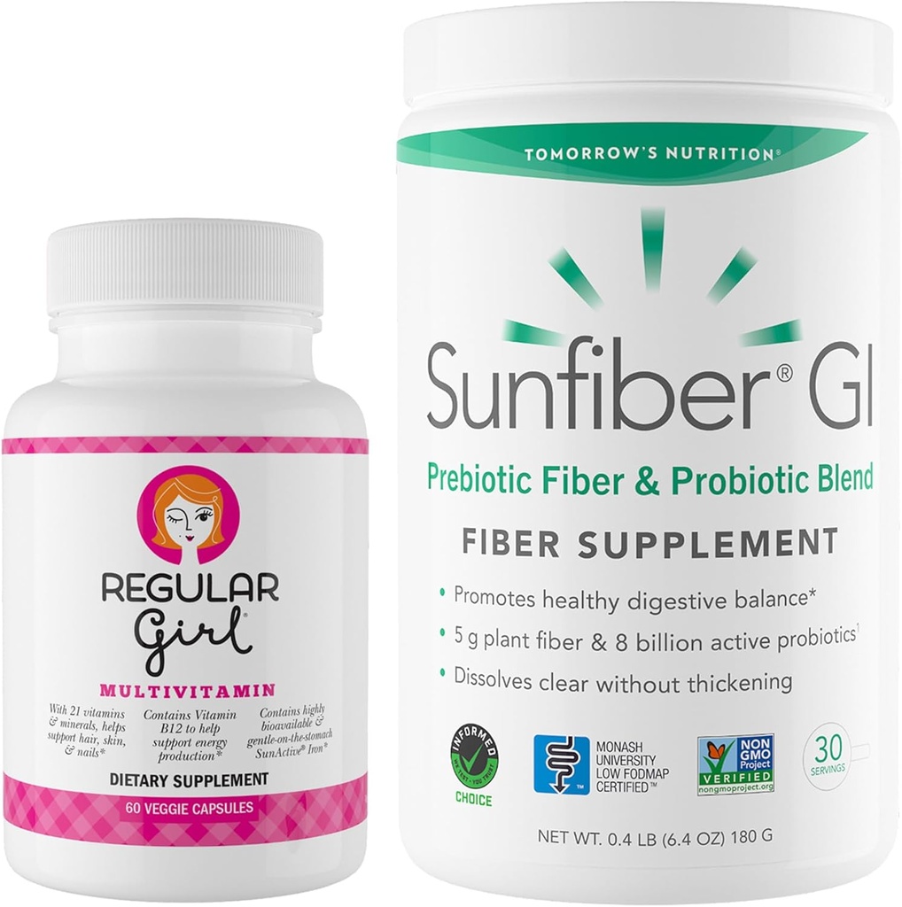 Regelmæssig pige Morgendagens Nutrition, kvinders Multivitamin (30 Servere) og Sunfiber GI Probiotisk pulver (30 Servere) Bundle, energi og lav FODMAP fordøjelsesstøtte