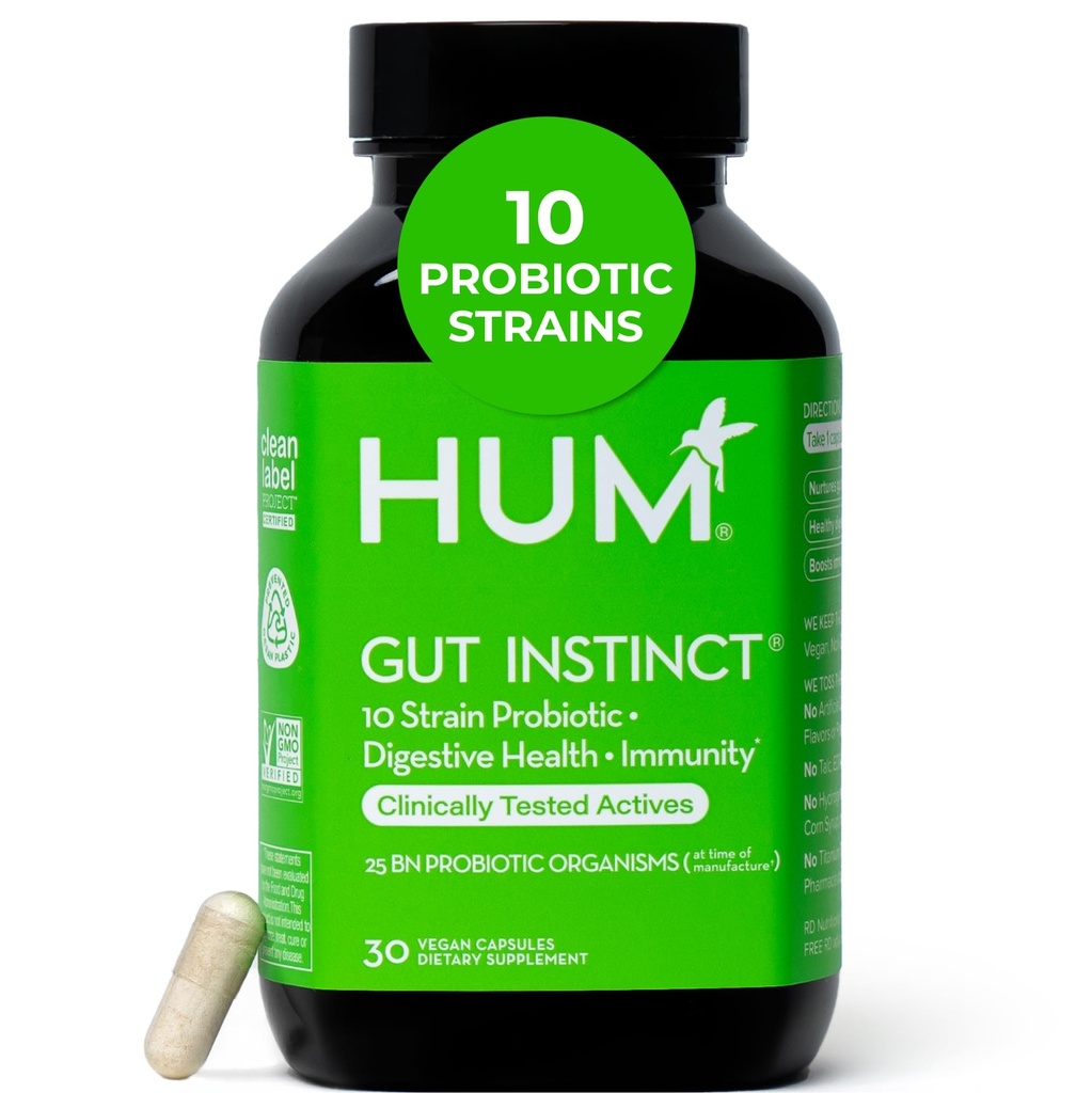 HUM Gut Instinkt Daglig Probiotika for kvinder og mænd, fordøjelsessygdomme, Lactobacillus, Bifidobacterium Strops til immunforsvar, Probiotisk supplement til sund Gut mangfoldighed, 30 kapsler