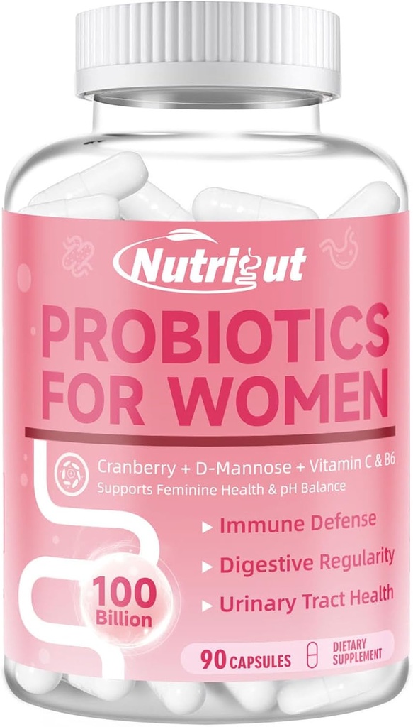 Probiotika til kvinder 100 milliarder CFU 'er Probiotika og Prebiotika med fordøjelsesenzymer til Gut Health, Vaginal Probiotika med tranebær og D- Mannose til Urinære Tract Sundhed, pH balance, 90 kapsler