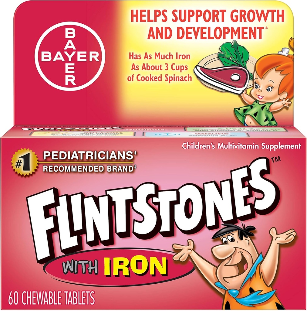Flintstone børnemultivitamin Plus jerntyggetabletter, 60- greve (pakke med 3)