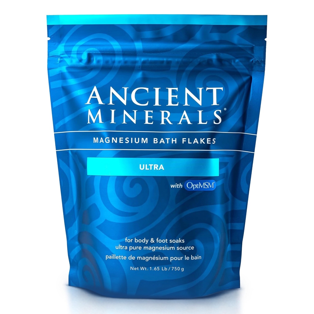 Ancient Minerals Magnesium Bath Flakes Ultra med OptiMSM - Pure Zechstein Magnesiumchlorid og Økologisk Svovl Bath Salte, Lindrende Mineral sæbe til hud og krop, 1,65 lb