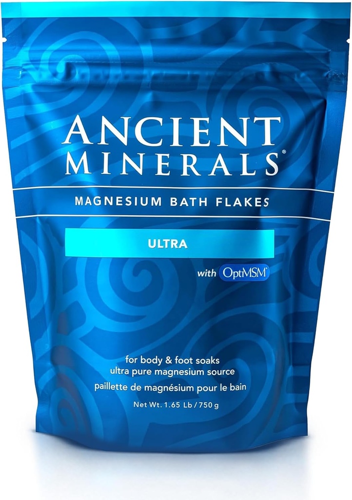 Ancient Minerals Magnesium Bath Flakes Ultra med OptiMSM - Pure Zechstein Magnesiumchlorid og Økologisk Svovl Bath Salte, Lindrende Mineral sæbe til hud og krop, 1,65 lb