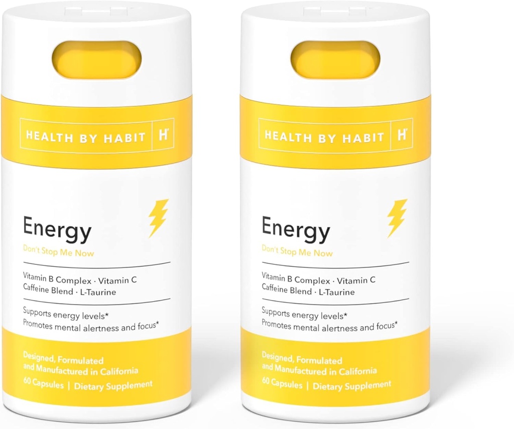 Health by Habit Energy Supplement 2 Pack (120 Capsules) - Natual Caffeine Blend, Vitamins B & C, Supports Energy Levels, Promotes Mental Alertness and Focus, Vegan, Non-GMO, Sugar Free (2 Pack)