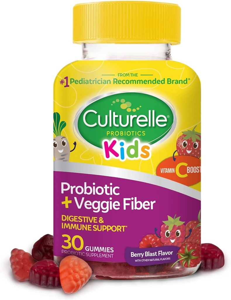 Culturelle daglige probiotika til børn + Veggie Fiber Gummies (Age 3 +) 30 Grev Berry Flavor - Probiotika til fordøjelsessygdomme & immunforsvar Plus C-vitamin Kids Boost