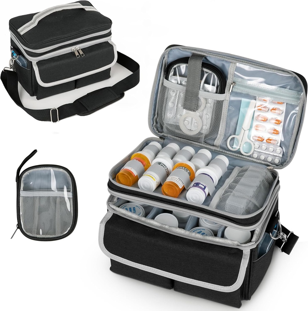Medicine Storage Bag, Pill Flaske Organizer med skulderrem, Rejse Medicin Organizer Box, Førstehjælp Kit med transportabel lille pose, Medication Flaske Organizer Tom Sort