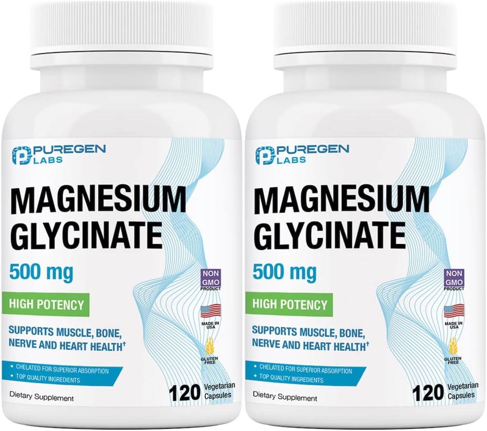Magnesium Glycinate 500mg [høj potens] Veggie Caps, Chelated for Superior Absorption, Non- GMO, NO Gluten og Dairy, Understøtter Muskel, Joint, og Heart Health