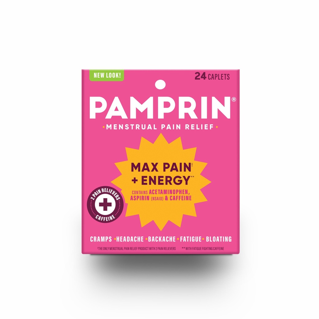 Pamprin Maksimal styrke Max smerte og energi Formel, menstruationssymptomer Relief for kramper, bloating og træthed, 24 kapsler