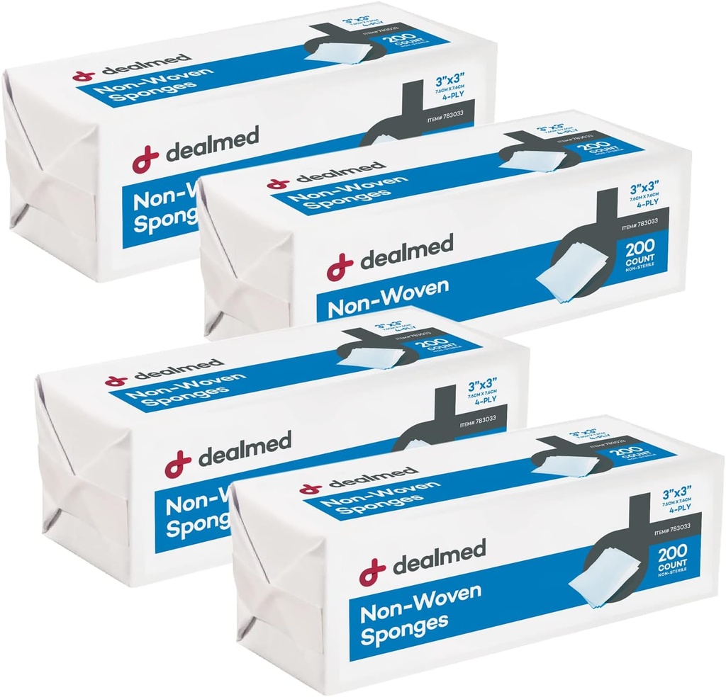 Dealmed 3 "x 3" Non- Woven Gauze Sponges (200 Greve) 4-Ply All-Formål Non- Steril Absorbent Dental Gauze Skødsbehandling Produkt til førstehjælp Kit / medicinske faciliteter (pakke af 4)