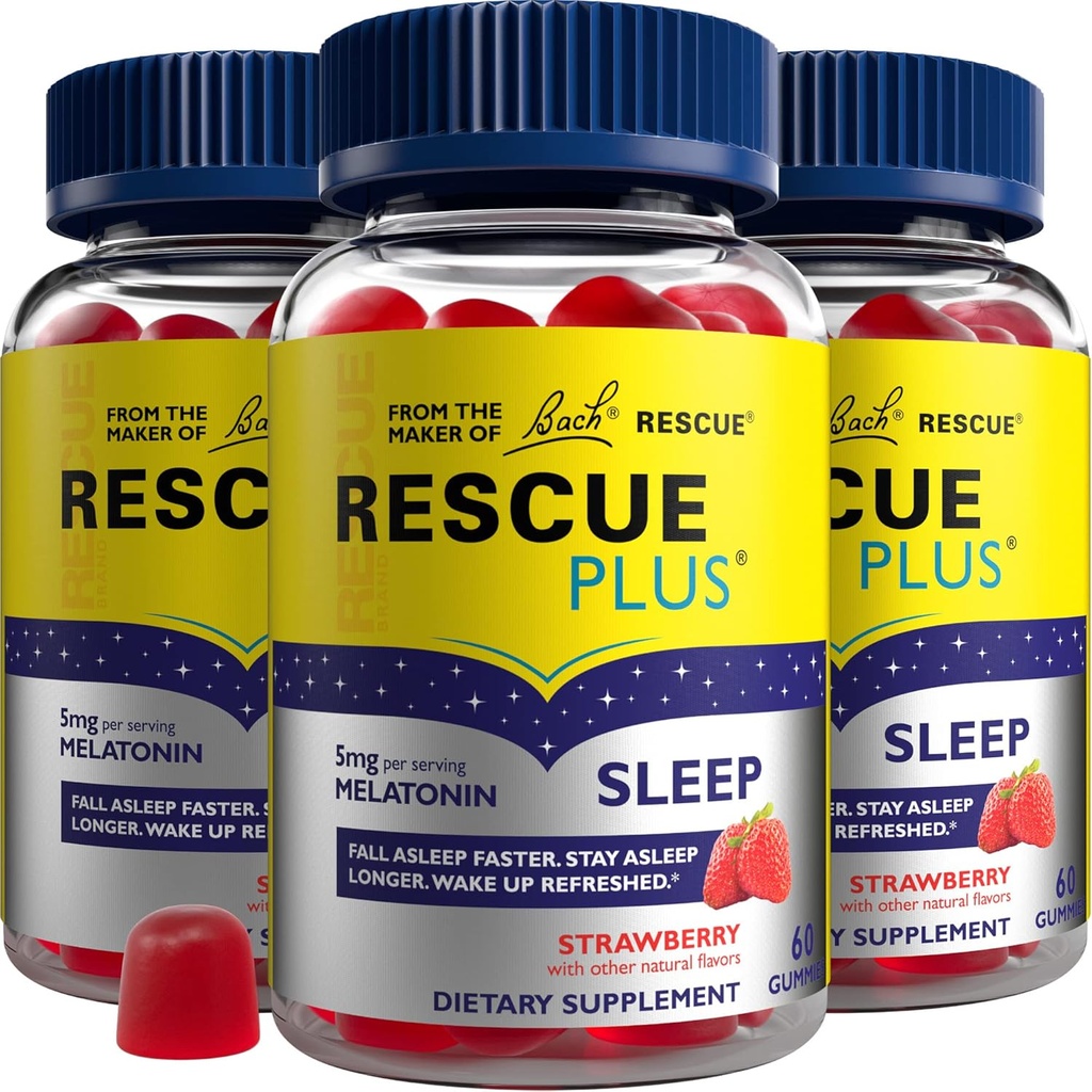Bach RESCUE PLUS Melatonin Sleep Gummies, Natural Strawberry Flavor, Sleep Aid, Kosttilskud, Vegan, Glutenfri, Ingen Kunstig Flavor, Farver eller sødestoffer, 3 Pack, 180 Tæl alt