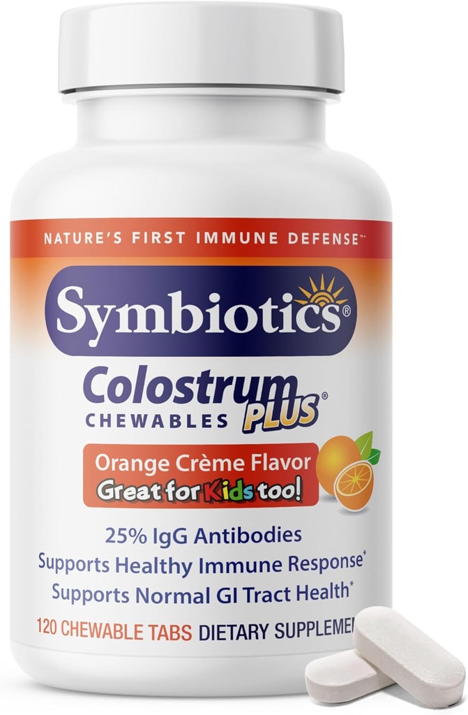 Symbiotika Colostrum 120ct Chewables Plus - Immunity Support for Adult & Kids - Lactoferrin Supplement & Colostrum Protein - Understøtter fordøjelse & Gut - 25% lgG Antistoffer, Gluten Free - Orange Creme