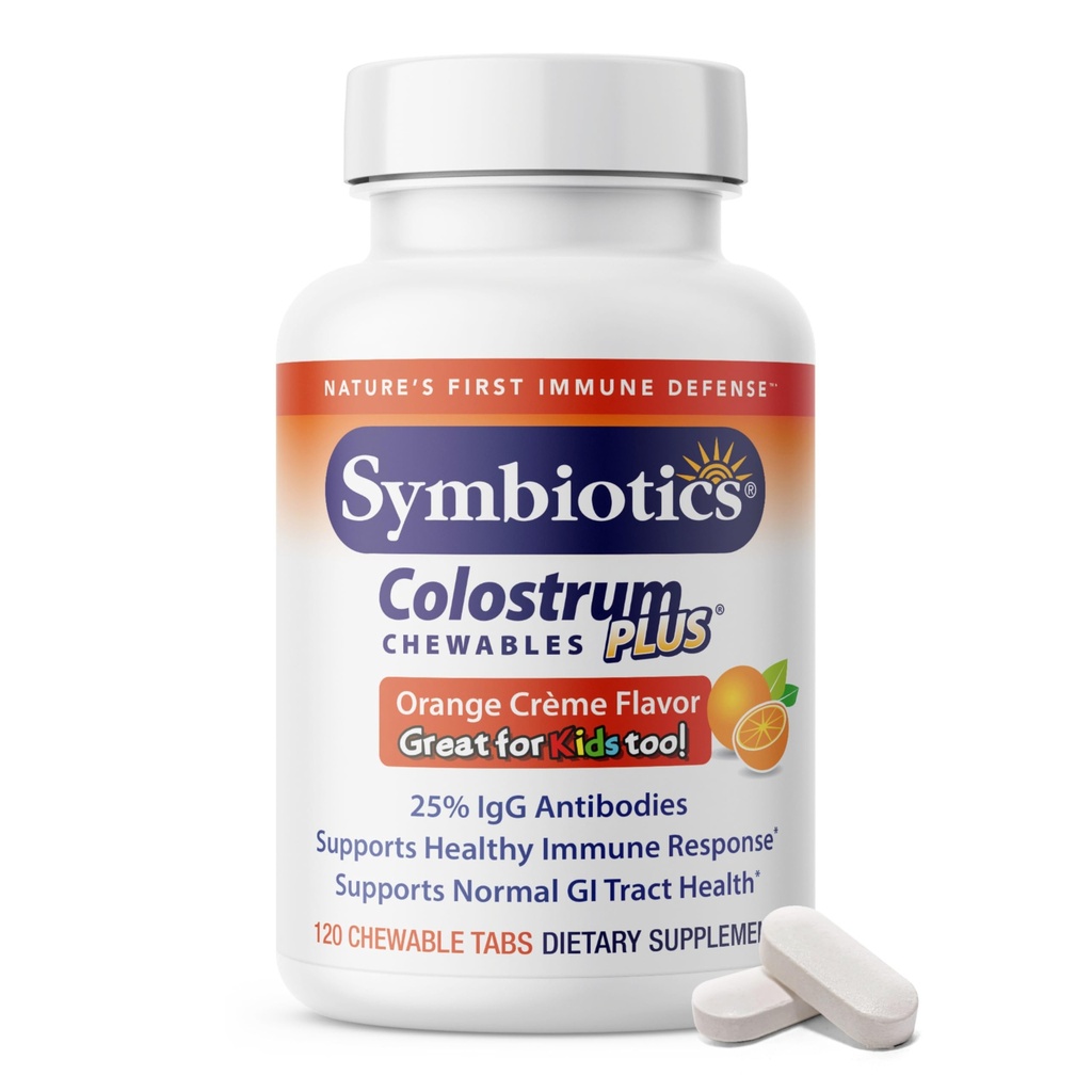 Symbiotika Colostrum 120ct Chewables Plus - Immunity Support for Adult & Kids - Lactoferrin Supplement & Colostrum Protein - Understøtter fordøjelse & Gut - 25% lgG Antistoffer, Gluten Free - Orange Creme
