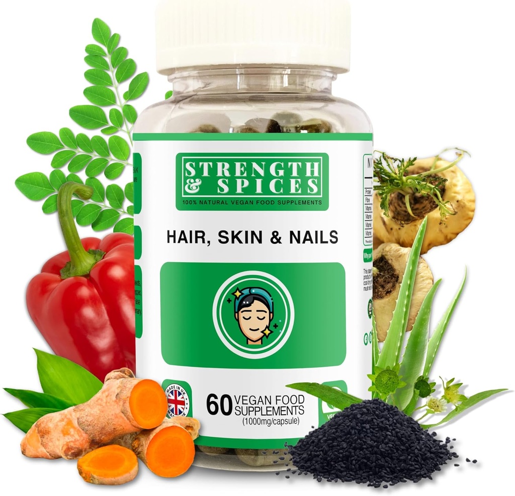 Styrke & krydderier Hår, hud og negle 100% naturlige supplement - 20 ingredienser w Biotin Selenium & Zink - 60 Vegan UK Made 1000mg kapsler