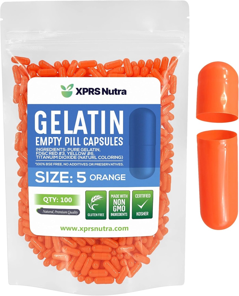 XPRS Nutra Size 5 Empty Capsules - 100 Count Very Small Empty Gelatin Capsules - Pills DIY Capsule Filling - Fillable Pill Gel Caps for Do-It-Yourself Vitamin Supplements (Orange)