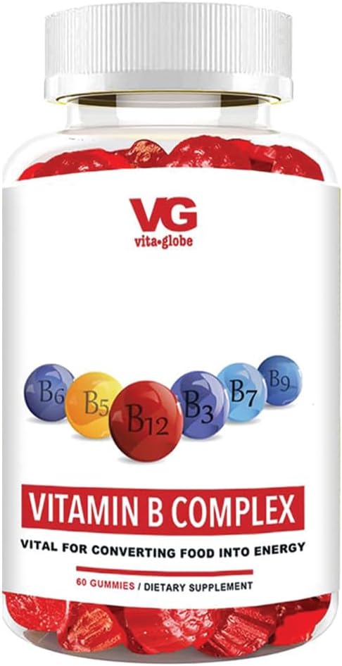 VITA GLOBE B Complex Gummy Vitamin - Strawberry Flavor med C-vitamin, Niacin, B6, B12 & Biotin--124; Dagligt tillæg for energi, Metabolisme & Kognitiv Support
