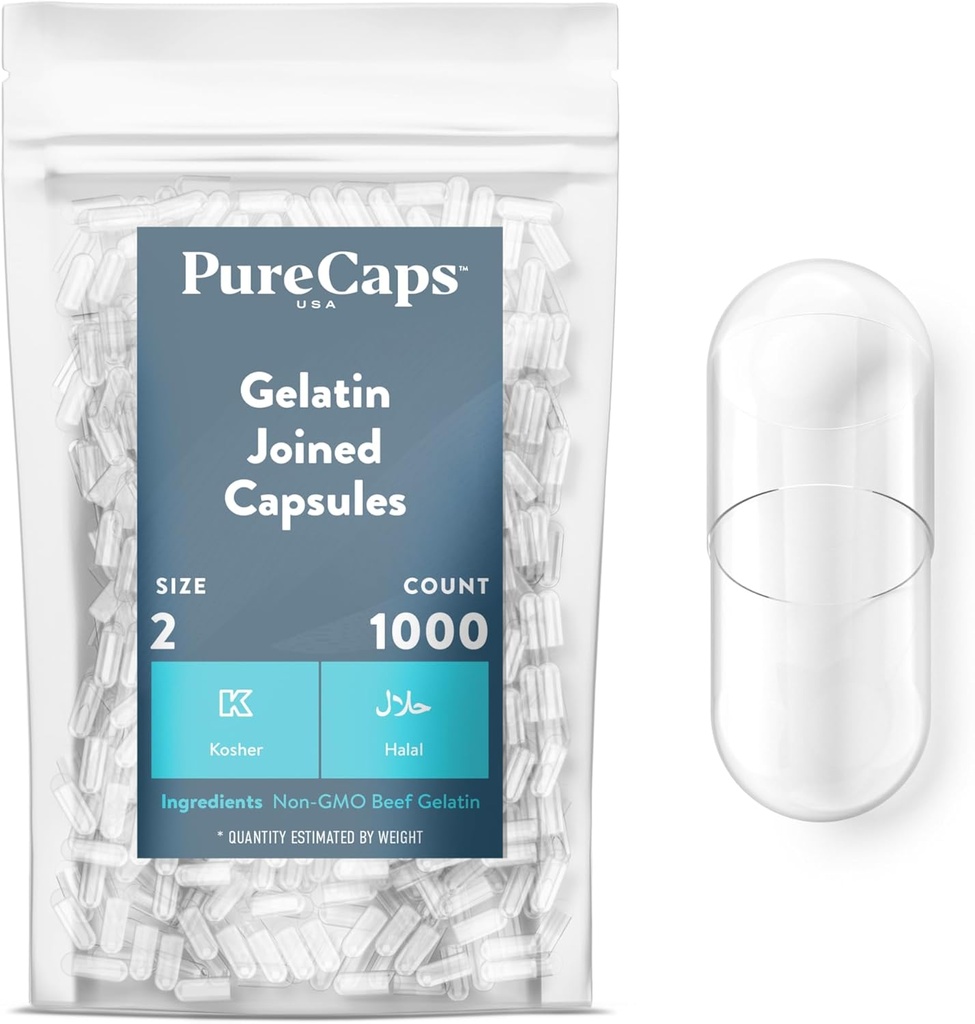 PureCaps USA - Tomme Gelatine Kapsler Størrelse 2; 124; 1.000 Forenede Pills