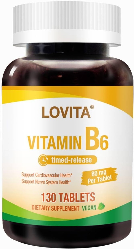 Lovita Vitamin B6 (Pyridoxin Hydrochlorid) 80mg, Timet Release, 8 Timer Vedvarende, Support Kardiovaskulær & Nerve Sundhed, 130 Vegan Tablet