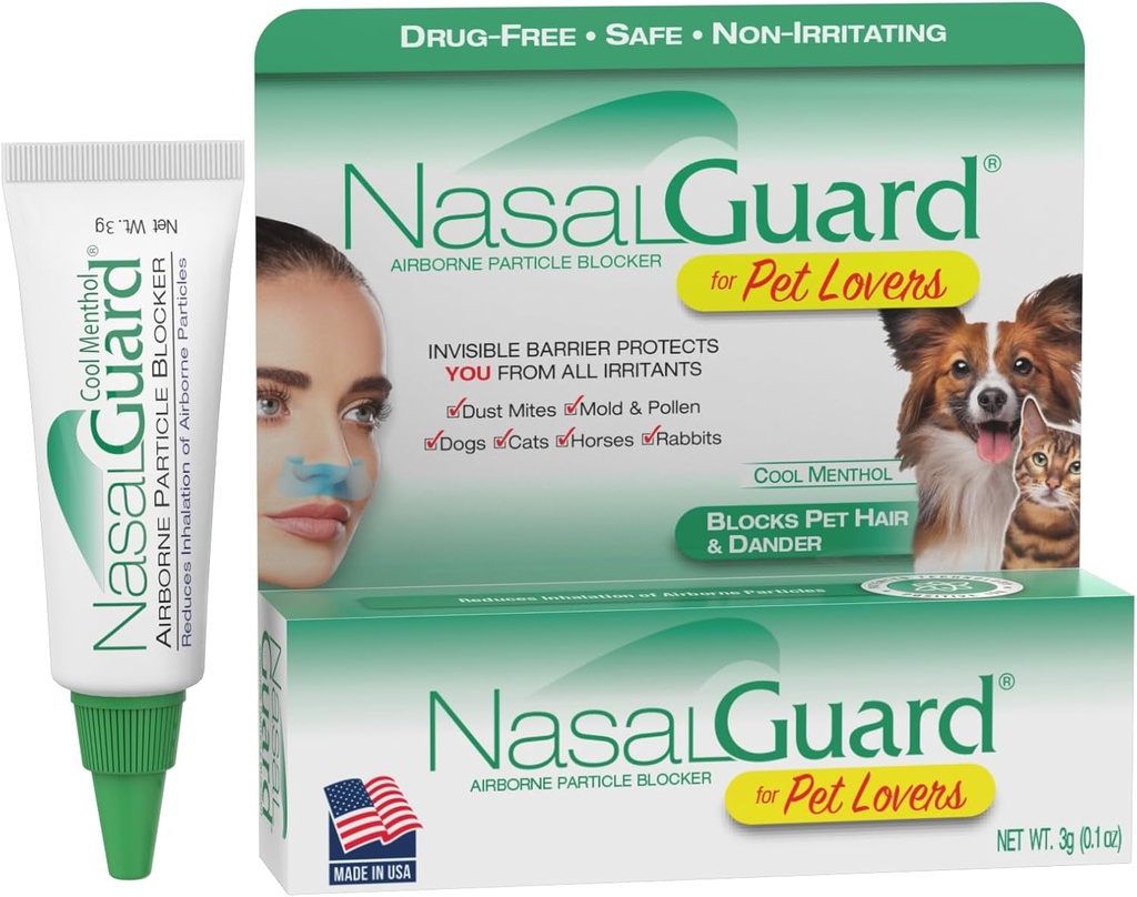 Airborne Particle Blocker Gel til Pet Lovers - Hjælper Reducere Inhalation af Pet Hår, Dander & Allergens - Drug- Free, Daily Use, Made in USA (Cool Menthol, 3g Tube)