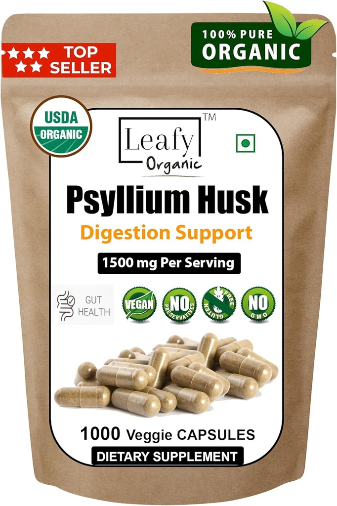 Psyllium Husk 1500mg Per Servering, 1000 kapsler - Dobbelt styrke - Premium Psyllium Fiber supplement - Great for fordøjelse og regelmæssighed - 100% Natural Opløselig Fiber