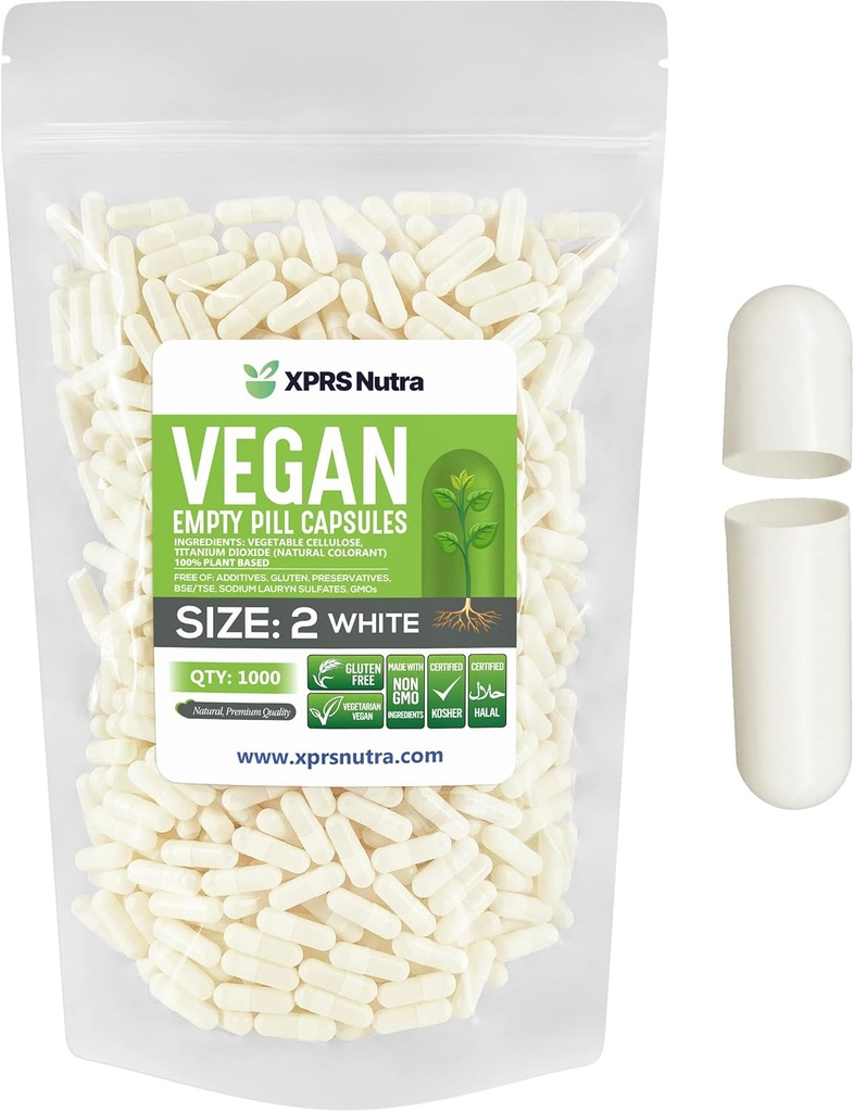 XPRS Nutra Size 2 Empty Capsules - 1000 Empty Vegan Capsules - Vegetarian Empty Pills - DIY Vegetable Capsule Filling - Veggie Caps Pills (White)