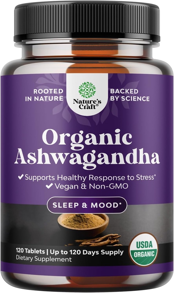 Høj styrke Organic Ashwagandha Kosttilskud - Ashwagandha Organic Tablets for Mood Support & Hormone Balance for Women & Men - Root Extract Powder with Black Pepper for Better Absorption - 120 Ct