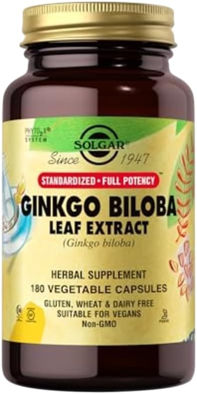 Solgar Ginkgo Biloba Leaf Extract - 180 Vegetabilske kapsler - Standardized Full Potency (SFP) - Non- GMO, Vegan, Gluten Free, Dairy Free, Kosher, Halal - 180 Servere