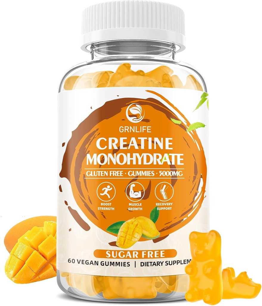 Creatinmonohydrat Gummies for mænd og kvinder, Chewables Creatinmonohydrat for muskel styrke, muskel builder, energi Boost, sukker fri, Vegan, Mango Flavor- 60 Greve