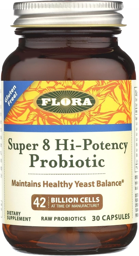 Flora Super 8 Hi Potency Probiotika 30 Count - Sund Gær balance & fordøjelsessundhed - for mænd og kvinder - 42 milliarder CFU, Rå, Gluten Free - Op til 1 måned Tilgang