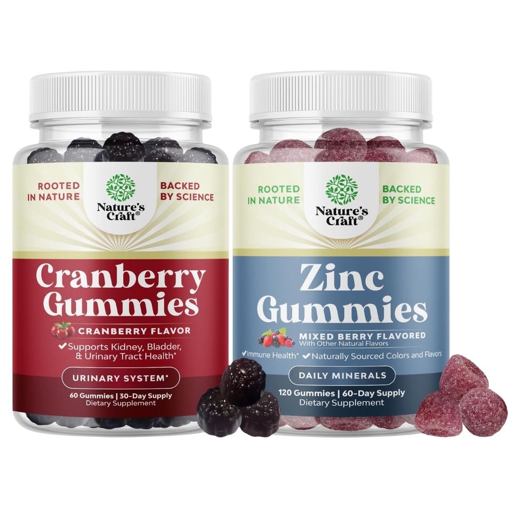 Bundle af naturlige tranebær gummier til kvinder og mænd og ekstra styrke zink til voksne - ekstra styrke lækker antioxidant tranebær tygger - tyggetzink citrat 50mg Immunitet