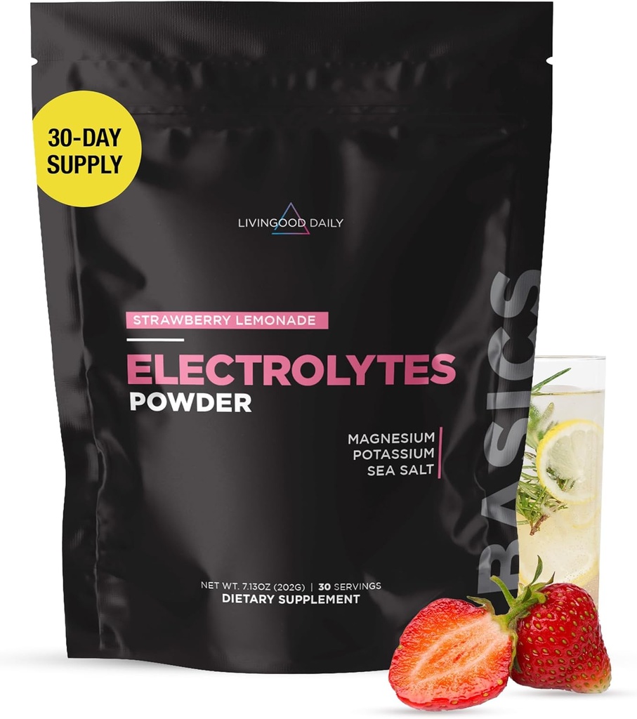 Livingood Daily Electrolytes Powder, Electrolytes Hydration Drink Mix med C-vitamin, Magnesium, Taurine & Sea Salt, Electrolyte Supplement for Energy & Hydration, Keto, Strawberry Lemonade, 30 Srvgs