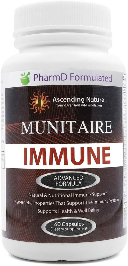 Munitaire immunforsvar Advanced Formel - Natural & Nutritional immunforsvar; 124; med Vitamin C & E Styrker Immunitet, Understøtter sundhed og velvære; immunforsvar (60 kapsler)