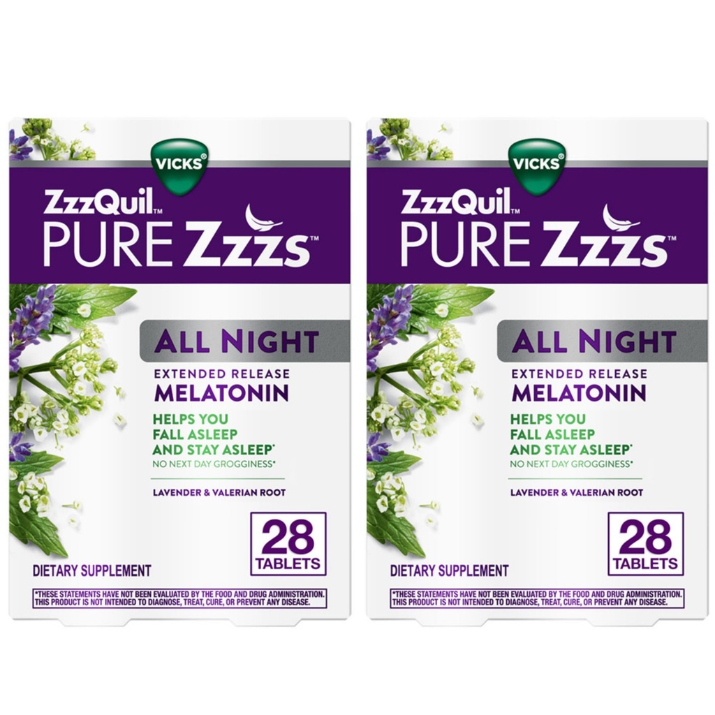 ZzzQuil Pure Zzzs All Night Extended Release, Melatonin Sleep Aid Tablets, Hjælper dig med at sove længere, Sovehjælp til voksne, 2 mg per tablet, 56 Total Tablets (2 pakker med 28)