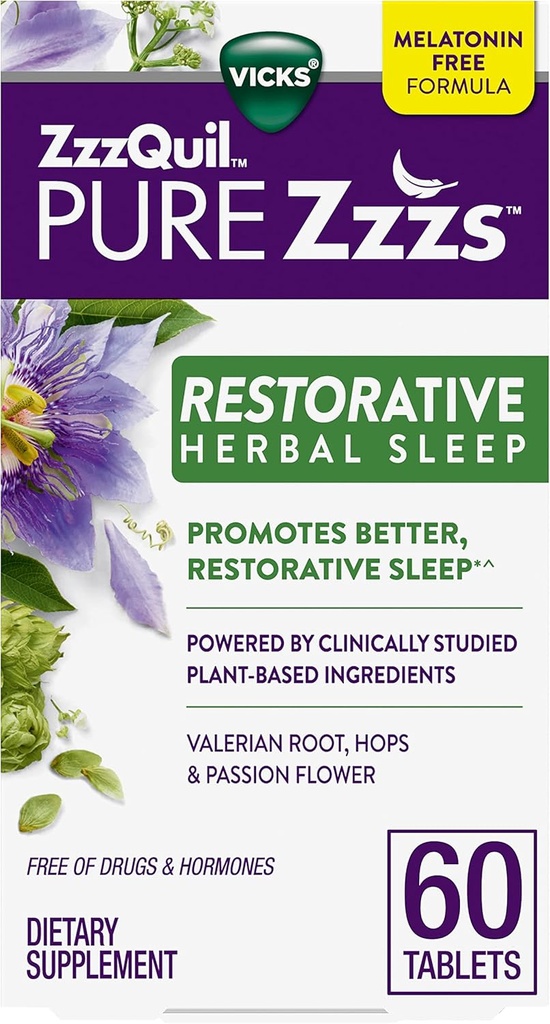 ZzzQuil PURE Zzzs Restorative Herbal Sleep, Tablets, Free of Drugs and Hormones, Melatonin- Free Formel, Valerian Root, Humle, Passion Flower, Sovestøtte til voksne, 60 Greve
