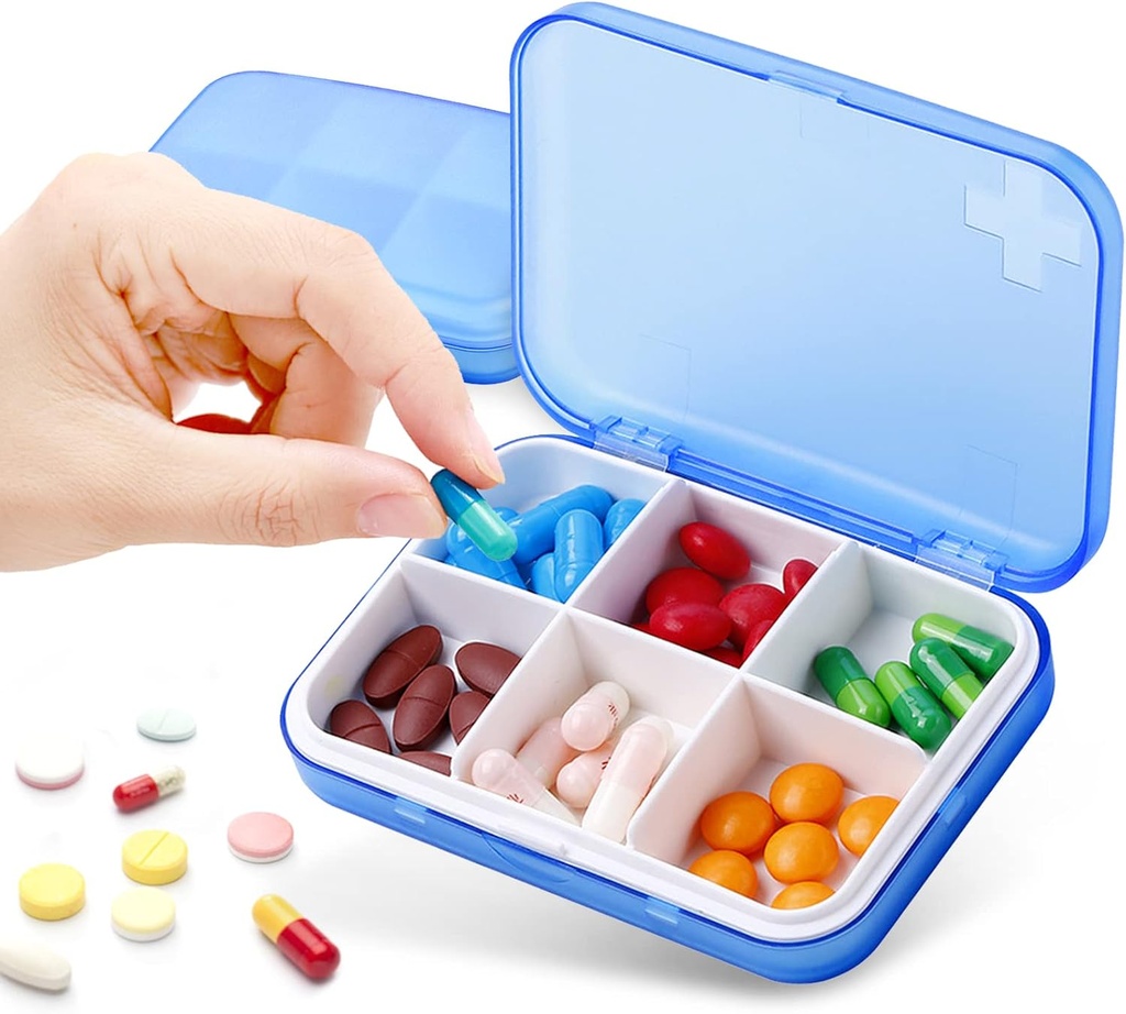 Daglig Pill Organizer for Vitaminer, Torve Lever Oil, Kosttilskud, Medicin, SAINSWIN Lille Pill Box til Pocket Purse, Portable 6 Compartments Medicine Container til Rejser