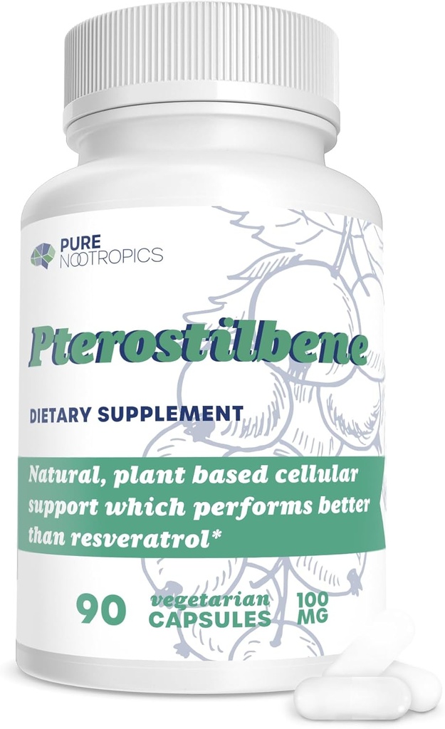 Pure Nootropics - Pterostilben 100 mg kapsler (90) - 124; Plant baseret støtte til cellulær sundhed - 124; i House & Rigourous 3. part Test for højere renhed & potens